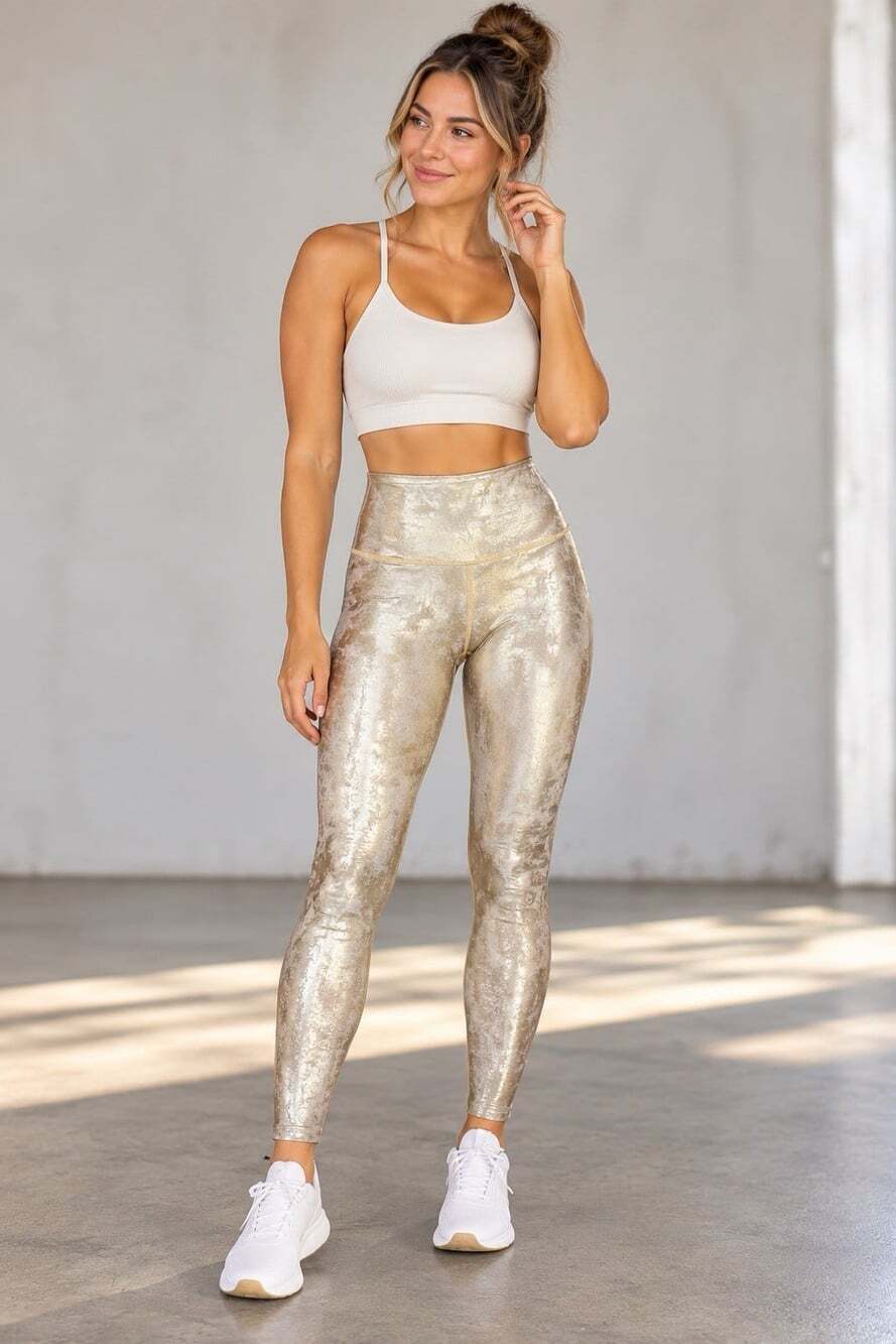 Carbon 38 XS Gold Metallic High Rise Leggings Shiny Athleisure Yoga Wide Waist